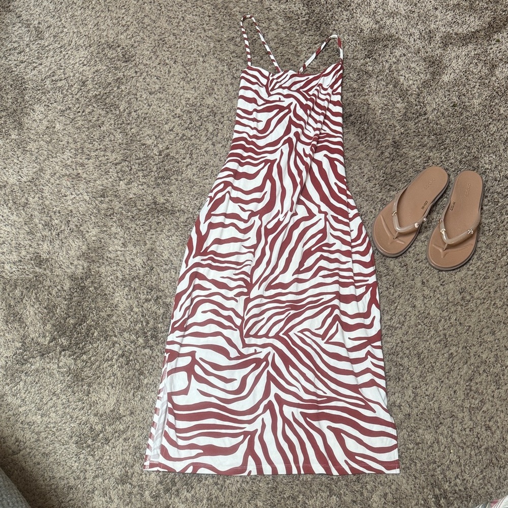 Tart White and Rust Zebra-Stripe Midi Slip Dress